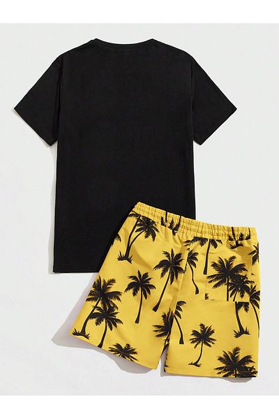 LUNAVISTA Manfinity Vci Men's Tropical Pattern Knitted Multicolor T-Shirt and Lace-Up Shorts Set