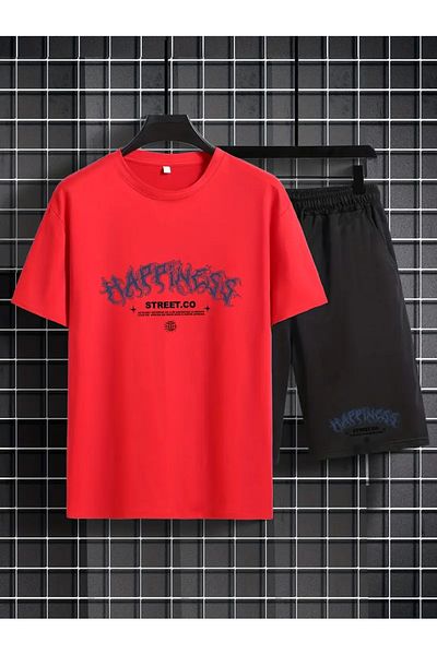 LUNAVISTA Men's 2 piece set creative letter Printed casual t-shirt and lace up loose shorts summer men's clothing
