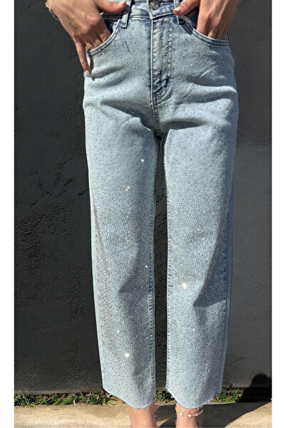 thesunfyre KADIN Boru Paça Parlak Taşlı Açık Mavi Kot Pantolon
