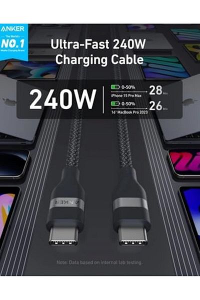 Anker USB-C to USB-C Cable, 240W 6 ft Flexible Multi-Color Braided Cord, Fast Charging Type C Charge