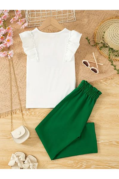 LUNAVISTA Girls Summer Casual 2 Piece Set Green Portrait Printed Puff Sleeve Blouse + High Waist Pants