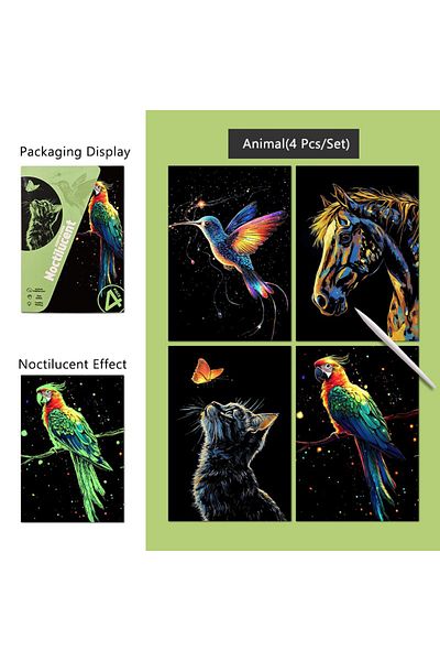 Choice A5 Animal 4 Pcs/Set A5 Noctilucent DIY Scratch Painting Castle Lanscape Cute Animal Night View Manua