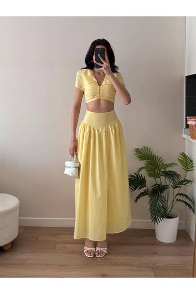 LOCH BUTİK Women's Yellow Buttoned Gathered Skirt Double Suit