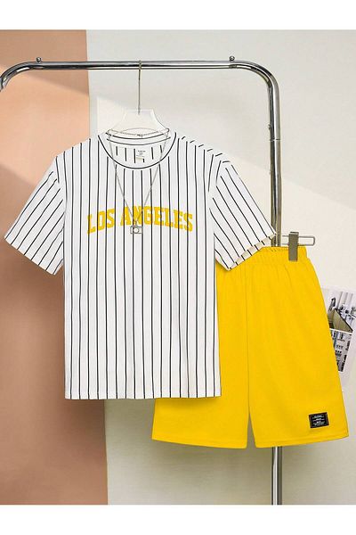 LUNAVISTA Copy - Casual Streetwear Set, Striped Short Sleeve Crew Neck Letter Printed T-Shirt and Shorts