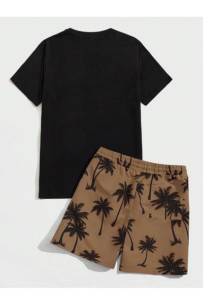 LUNAVISTA Vci Men's Tropical Print Knitted Multicolor T-Shirt and Lace-Up Shorts Set