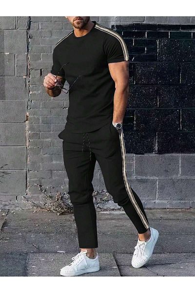 LUNAVISTA 2pcs Men's Summer Casual Sports Set, Short Sleeve T-Shirt and Shorts