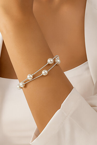 monalisatoka Kadın Gümüş İnci Sıralı Bileklik Çift Sıralı Kadın Bileklik