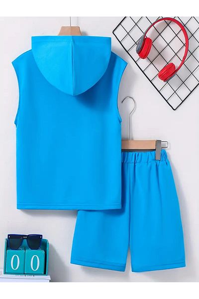 LUNAVISTA Summer men's sleeveless sports suit, handsome student, shoulder to shoulder, Hooded jacket and shorts,