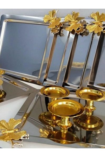 BuNeBox 1 Pcs Steel Silver Coffee Presentation Tray with Butterfly Detail