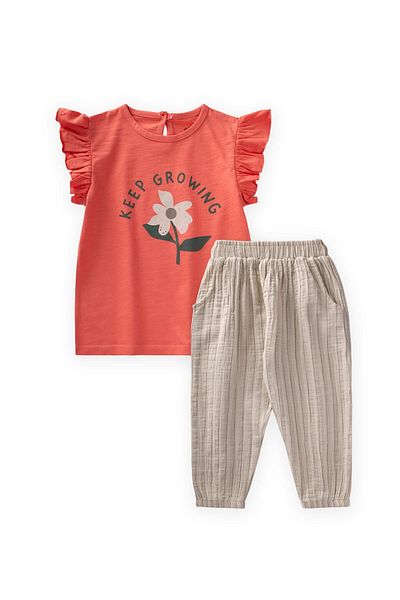 Cigit Printed T-Shirt Set 2-8 Years Coral