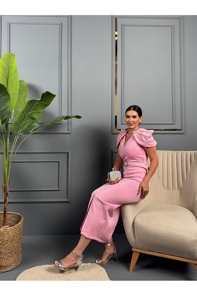1Moda1Tarz Γυναικείο Ειδικό Σχέδιο Φόρεμα με Εισαγόμενο Υφασμάτινο Σκούμπα με Πέτρα Λεπτομέρεια Ζώνης Φόδρα