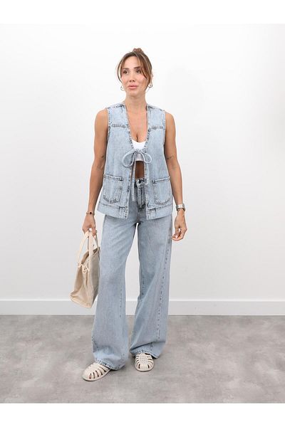 Maldia Shop Women's Denim Vest Light Blue Pants Suit