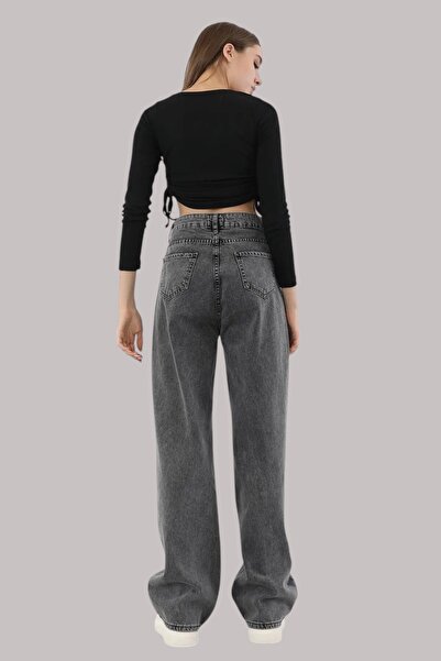 Livik Audrey Women's Smoked Extra High Waist Stretchy Waist Pocket Detailed 90's Loose Leg Jeans