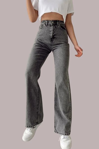 Livik Diana Women's Smoked Extra High Waist Flexible Waist Pocket Detailed Wide Leg Jeans