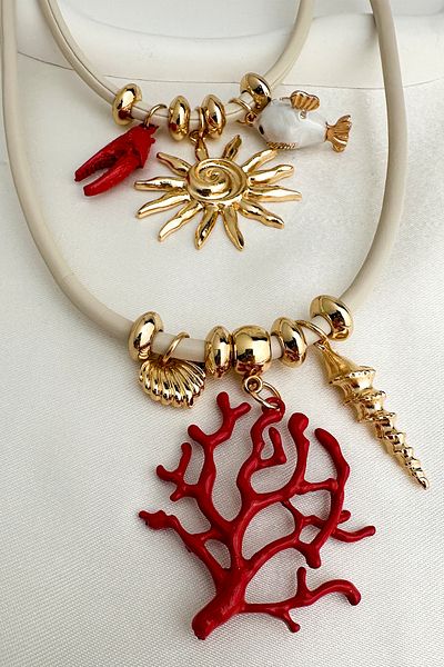 Modex Summer Themed Sea Figured Leather Double Layer Red Coral Detailed Necklace