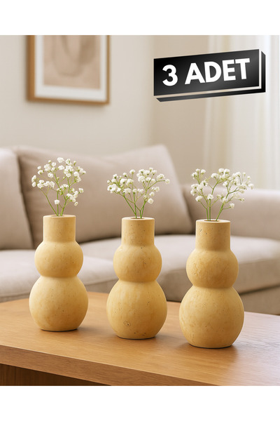 Modelce Doğal Traverten El Yapımı Vazo – 3’lü Dekoratif Set (18 cm)