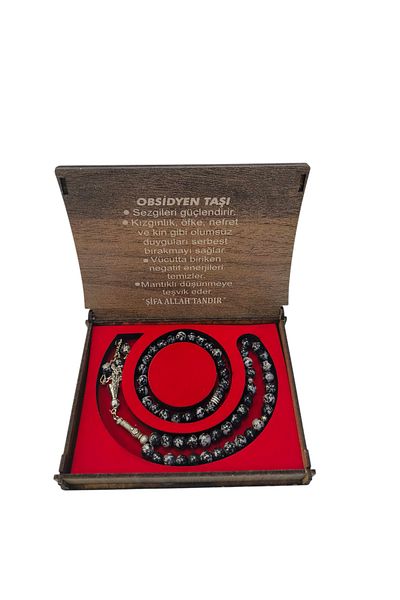 hüseyin ceran Obseidian Stone Prayer Beads and Bracelet Gift Wooden Box