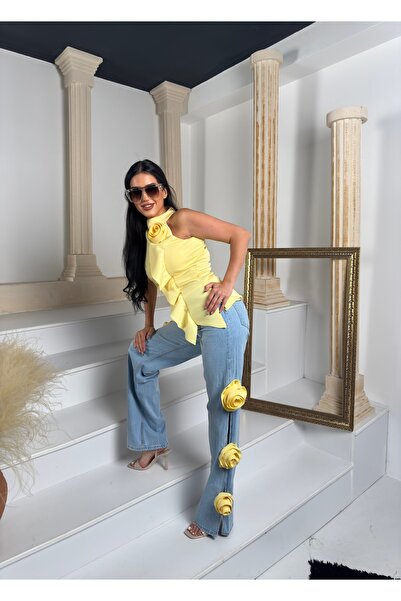 1Moda1Tarz Γυναικεία εισαγόμενη μπλούζα από ύφασμα κατάδυσης με λεπτομέρεια από τριαντάφυλλο και σάλι με ειδική σχεδίαση