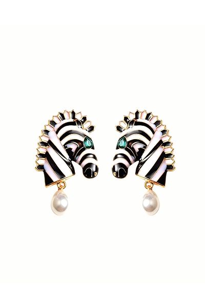 Pinery Jewels Vip Series - Zebra Black and White Striped Pearl Women's Earrings Pair 5cm