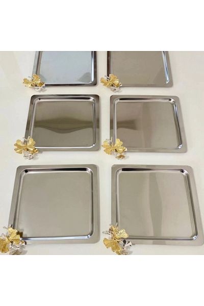 BuNeBox 1 Pcs Steel Silver Coffee Presentation Tray with Butterfly Detail