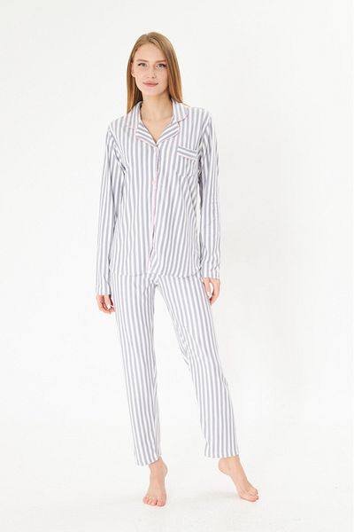 ÇağrıHome Women's 100% Cotton Luxury Viscose Fabric Shirt Collar Buttoned Striped Pink Piping Pajama Set