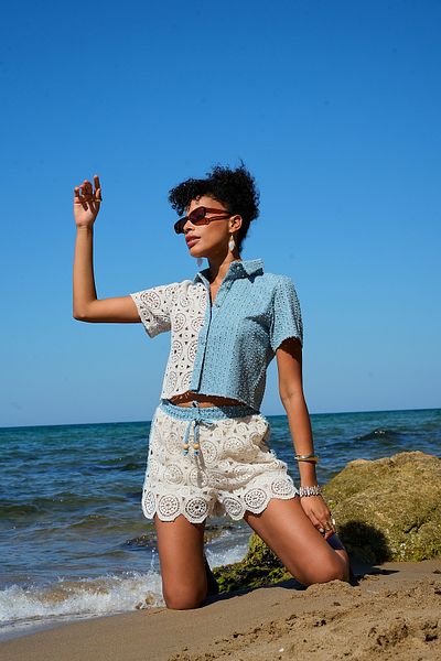 ASEDE Premium Laced Lace Detailed Denim Sequin Shirt Shorts Set