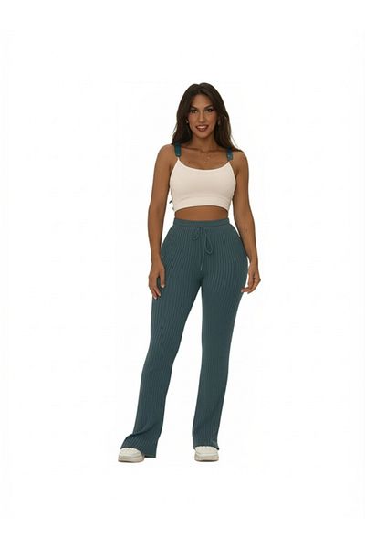 DHDmoda Women's Green Color Slim Ribbed Elastic Sweatpants