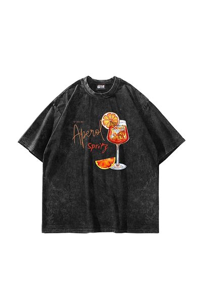 Sekizbiraltı Το Aperol Spritz Εκτυπωμένο Oversize Unisex Πλυμένο Μαύρο Tshirt