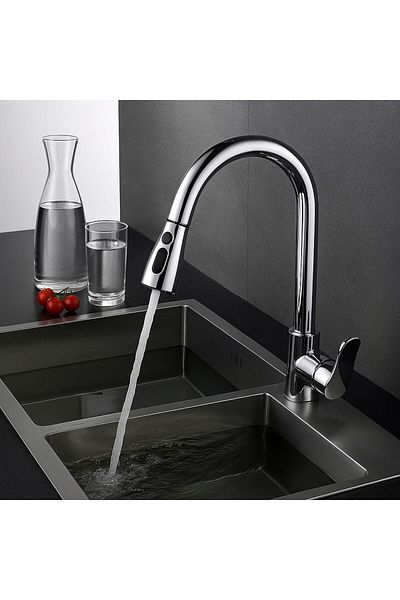 RENA DESIGN Chrome Spiral Mountain Bath Battery Double Mode Pull-And-Let Extending Head Princeton Body Kitchen Faucet