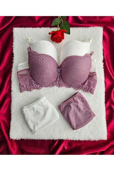 nesterinzar Women's Supported Lace Padded Underwire (Wired) 2-Piece Economical Package Bra Set