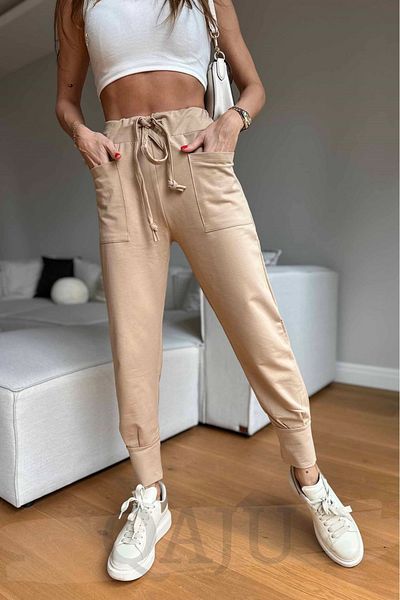 Qaju Women's Rope Tie Pocket Detail Cotton Beige Trousers