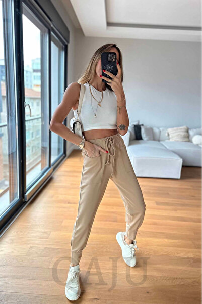 Qaju Women's Rope Tie Pocket Detail Cotton Beige Trousers