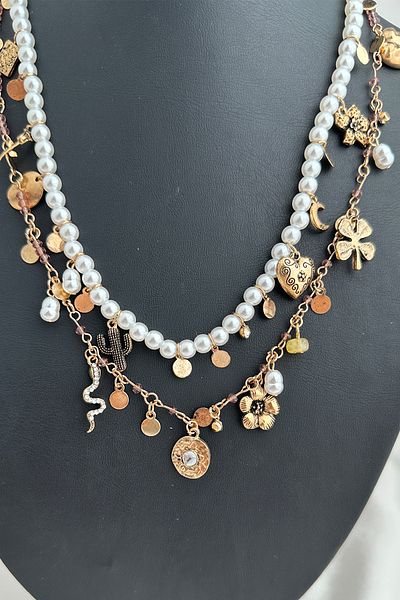 Modex Pearl Row Multi-Layer Gold Figured Charm Design Necklace
