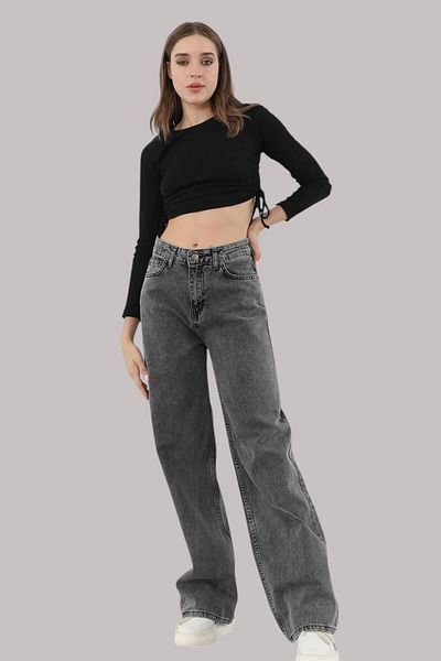 Livik Audrey Women's Smoked Extra High Waist Stretchy Waist Pocket Detailed 90's Loose Leg Jeans