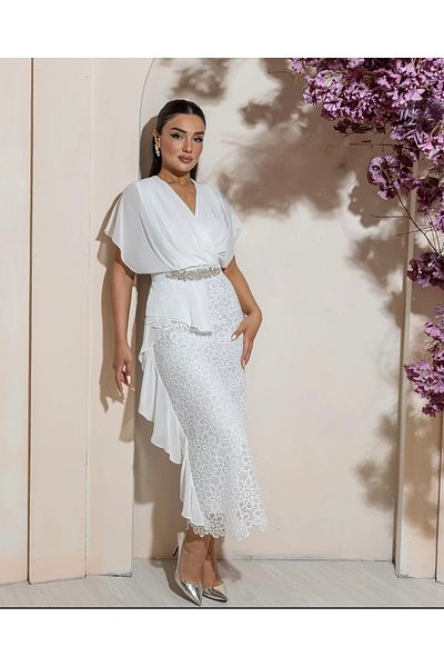 1Moda1Tarz Γυναικείο εισαγόμενο ύφασμα επάνω μέρος σιφόν κάτω μέρος δαντέλα ύφασμα με λεπτομέρεια ζώνης με πέτρες Ειδικό σχέδιο φόρεμα