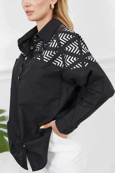 NEW LAVİVA Cămașă oversize pentru femei, neagră, cu imprimeu cu folie, cu detaliu de buzunar