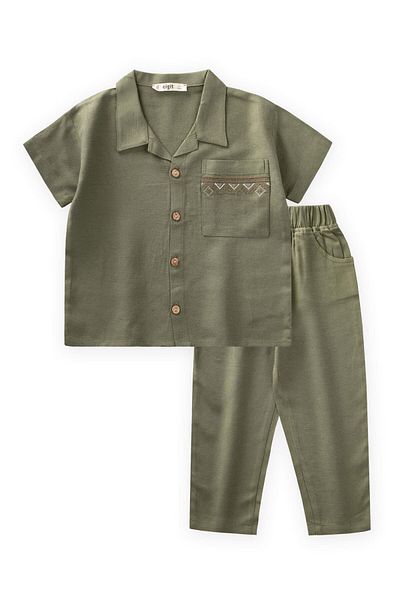 Cigit Pocket Embroidered Shirt Trousers Linen Suit 2-7 Years Khaki Green