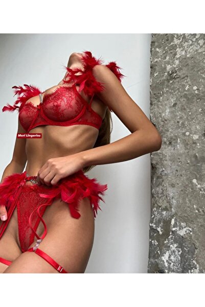 Meri Lingeries Aphrodite Feathered Red Garter Set
