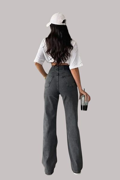 Livik Bella Women's Smoked Extra High Waist Stretch Denim Fabric Loose Leg Jeans