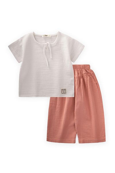 Cigit Muslin Set with Loose Pants 2-7 Years White Dried Rose