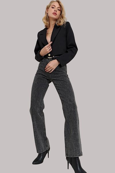 Livik Mery Women's Extra High Waist Smoked Lycra Daily Comfortable Loose Leg Jeans
