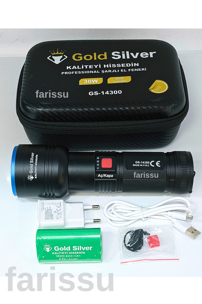 farissu Gold Silver GS-14300 Avcı Tipi Şarjlı El Feneri | 30W – 3000 Lümen – ...