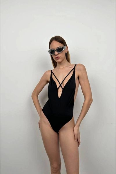 MetuCA Women's Black Cross Strap Deep Cut V Neck Sexy One Piece Swimsuit – Summer Beach Swimsuit – Si