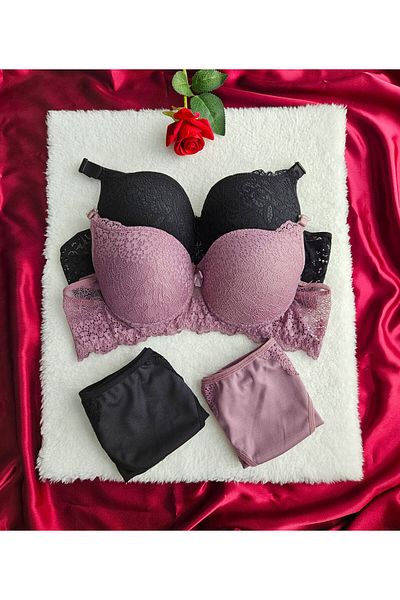 nesterinzar Women's Supported Lace Padded Underwire (Wired) 2-Piece Economical Package Bra Set