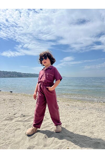 Cigit Pocket Embroidered Shirt Trousers Linen Suit 2-7 Years Old Plum