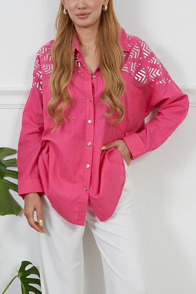 NEW LAVİVA Cămașă oversize pentru femei, cu rochie fucsia, imprimeu cu folie, cu detaliu de buzunar