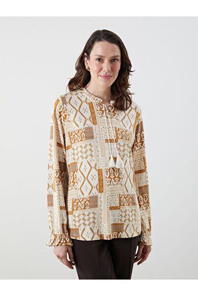 LC Waikiki Yellow Tie-Detail Collar Ethnic Patterned Blouse