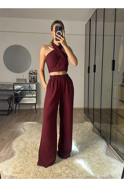 NET OF NOT Mia Burgundy Muslin Fabric Halter Neck Trousers Blouse Set