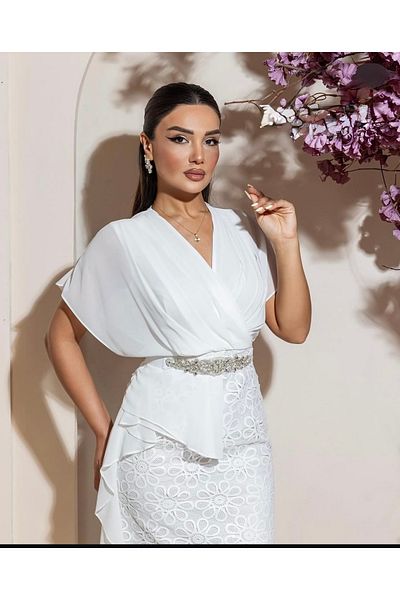 1Moda1Tarz Γυναικείο εισαγόμενο ύφασμα επάνω μέρος σιφόν κάτω μέρος δαντέλα ύφασμα με λεπτομέρεια ζώνης με πέτρες Ειδικό σχέδιο φόρεμα