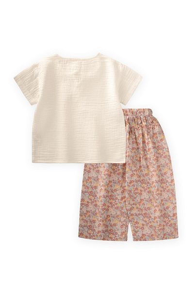 Cigit Muslin Set with Loose Trousers 2-7 Years Ecru Floral G.Kurusu